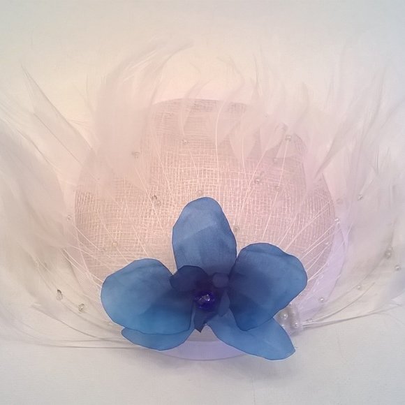 Blue Silk Orchid and White Feathers Fascinator